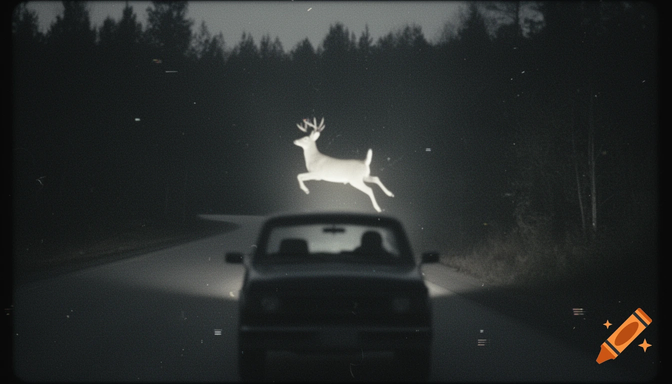 Dark vintage dashcam footage of a deer leaping over a car on a winding road at night.