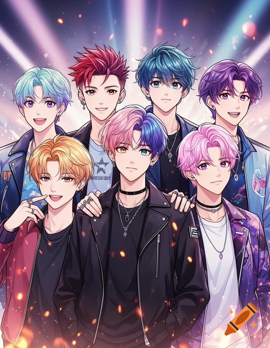 Seven anime-style young men with colorful hair and trendy outfits pose under bright stage lights.