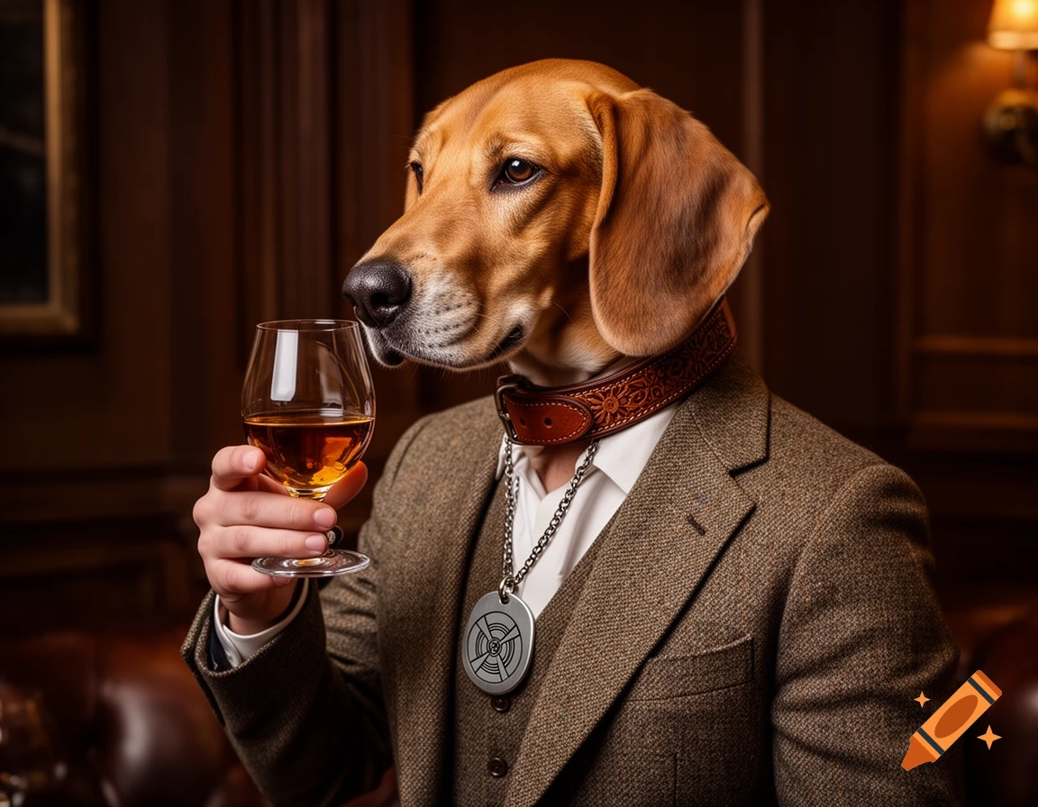 A sophisticated beagle-like dog in a tweed suit and collared shirt holds a whiskey glass, with a biohazard symbol dog tag, in a dark, wood-paneled room.