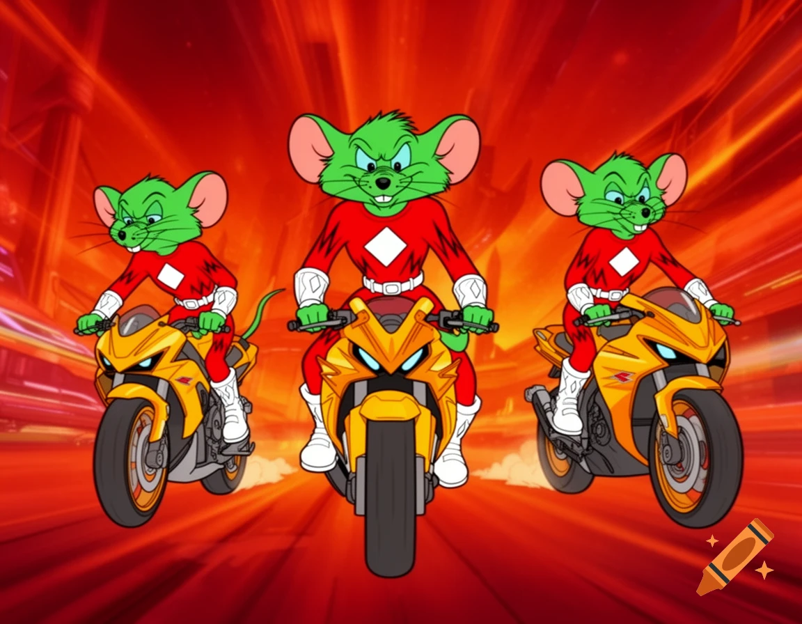 Three green anthropomorphic mice in red suits with white accents ride yellow-orange motorcycles on a futuristic red-orange background in a 2D animated style.