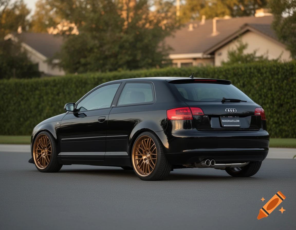 Black Audi A3 hatchback with bronze wheels and Magnaflow exhaust, parked on asphalt.