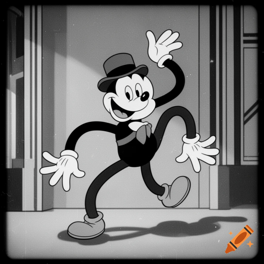 A smiling black and white cartoon character in a top hat and bowtie dances in vintage rubber hose animation style.