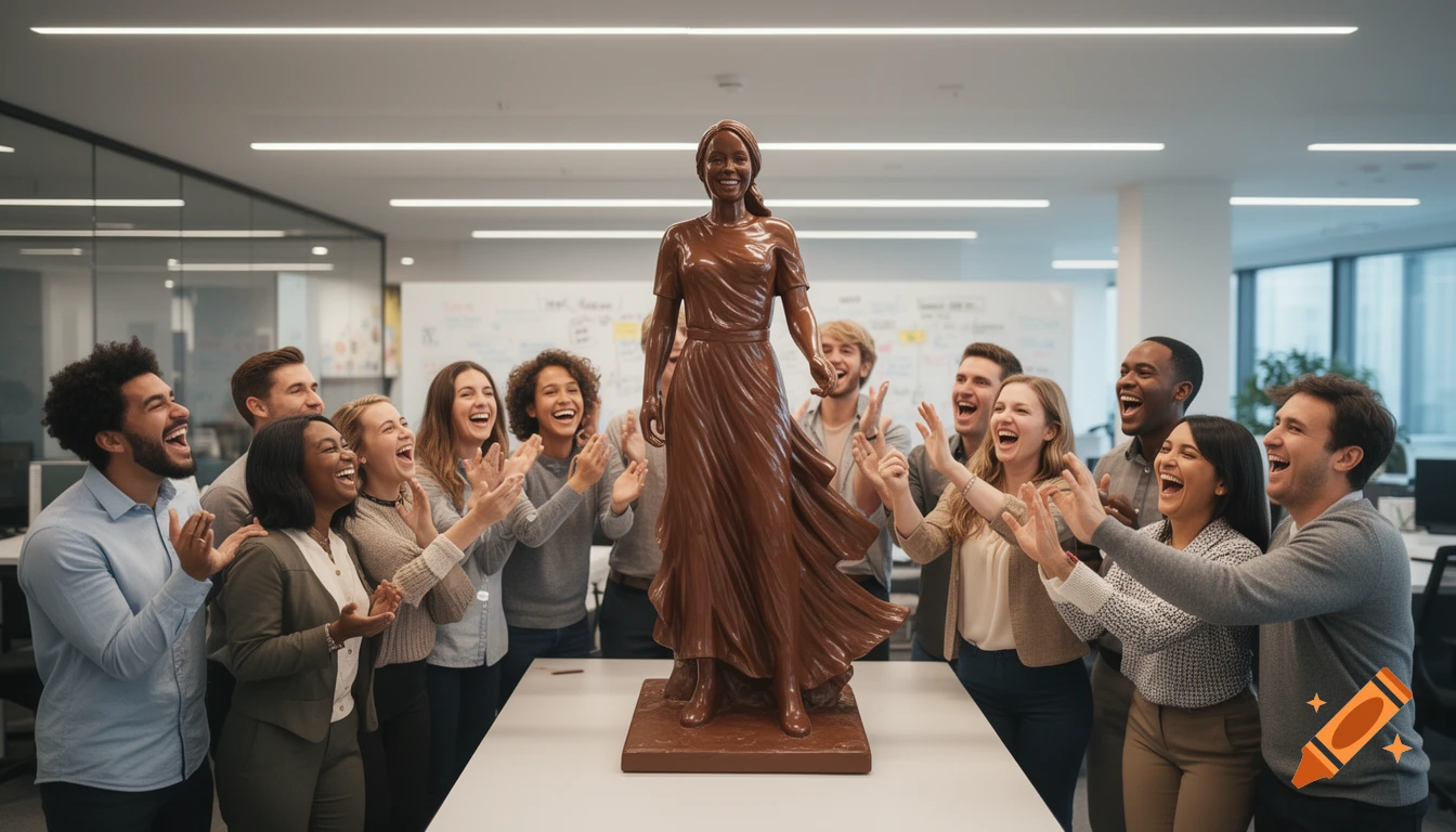 A diverse group of smiling people clap around a large chocolate statue of a woman in a modern office.