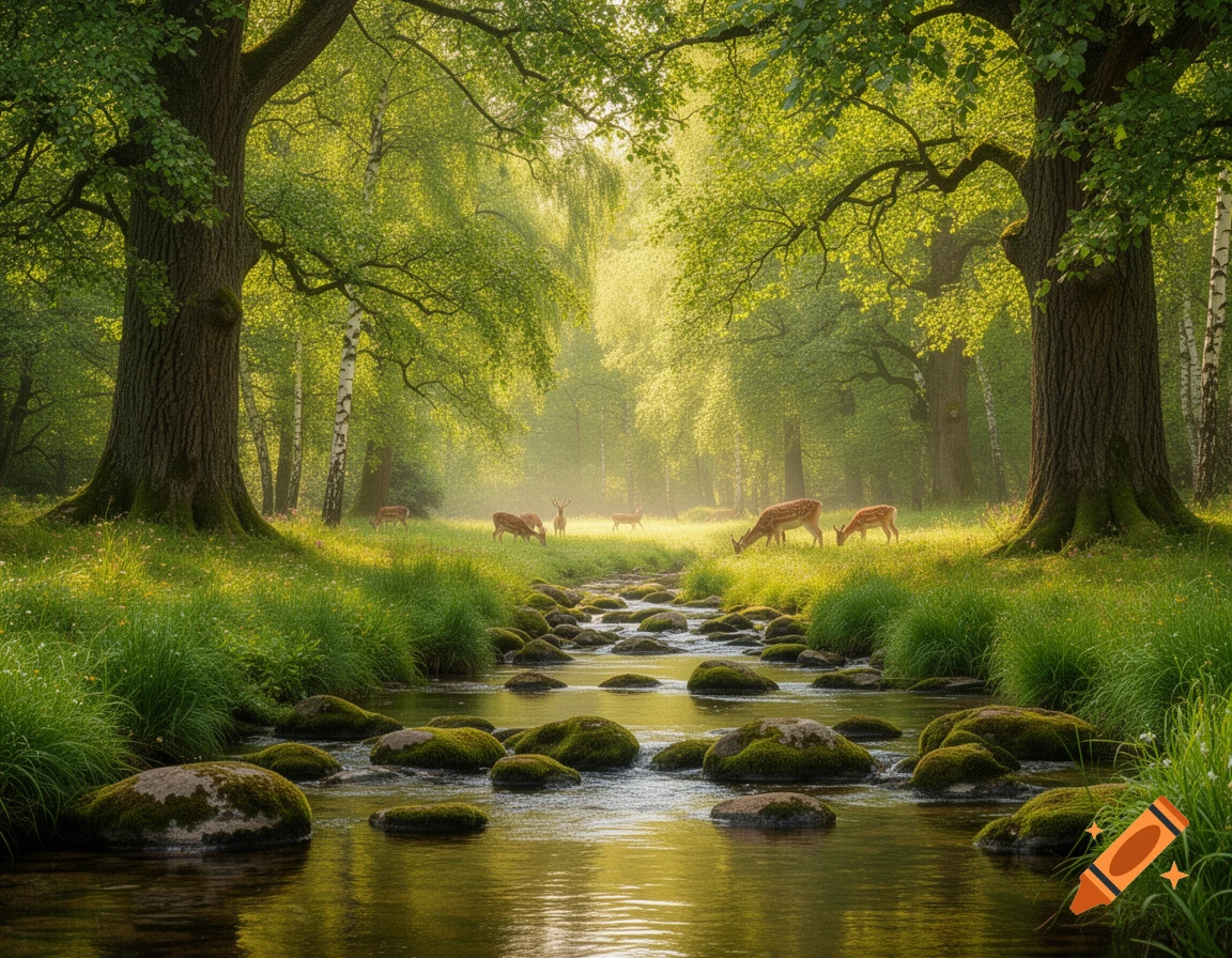 A peaceful, sun-dappled forest scene with a rocky stream and several deer grazing in a grassy clearing.