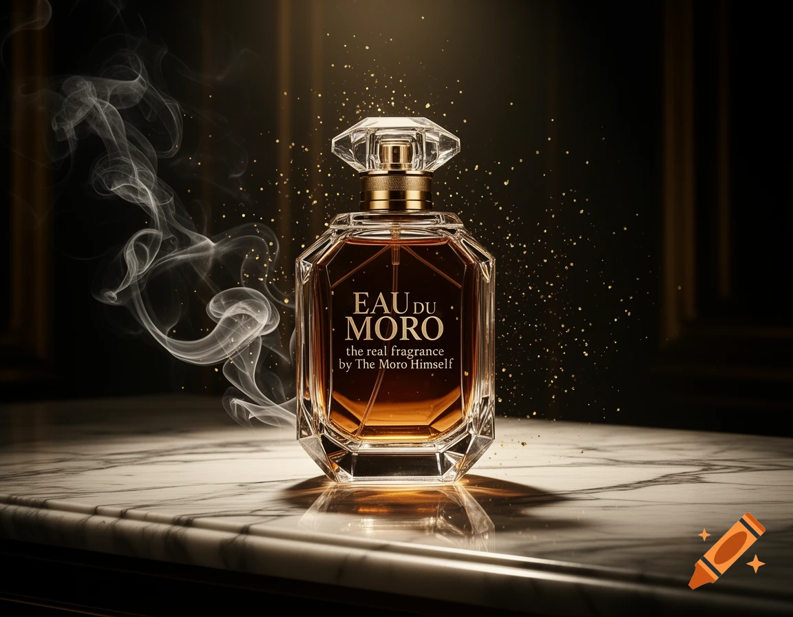 An elegant perfume bottle with dark amber liquid sits on a marble surface, surrounded by smoke and golden particles, with a dramatic gold and black background.