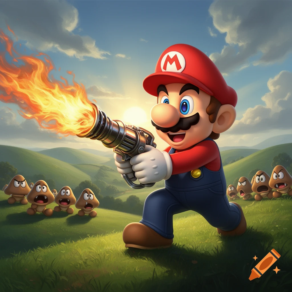 Cartoon Mario running and firing a flamethrower at a group of terrified Goombas in a bright green landscape.