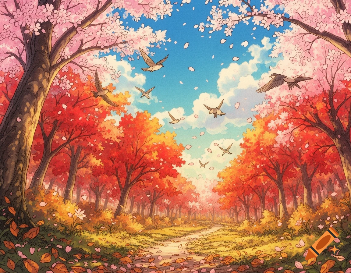A vibrant anime forest path in autumn with red and yellow trees, pink cherry blossoms, and birds flying under a blue sky.