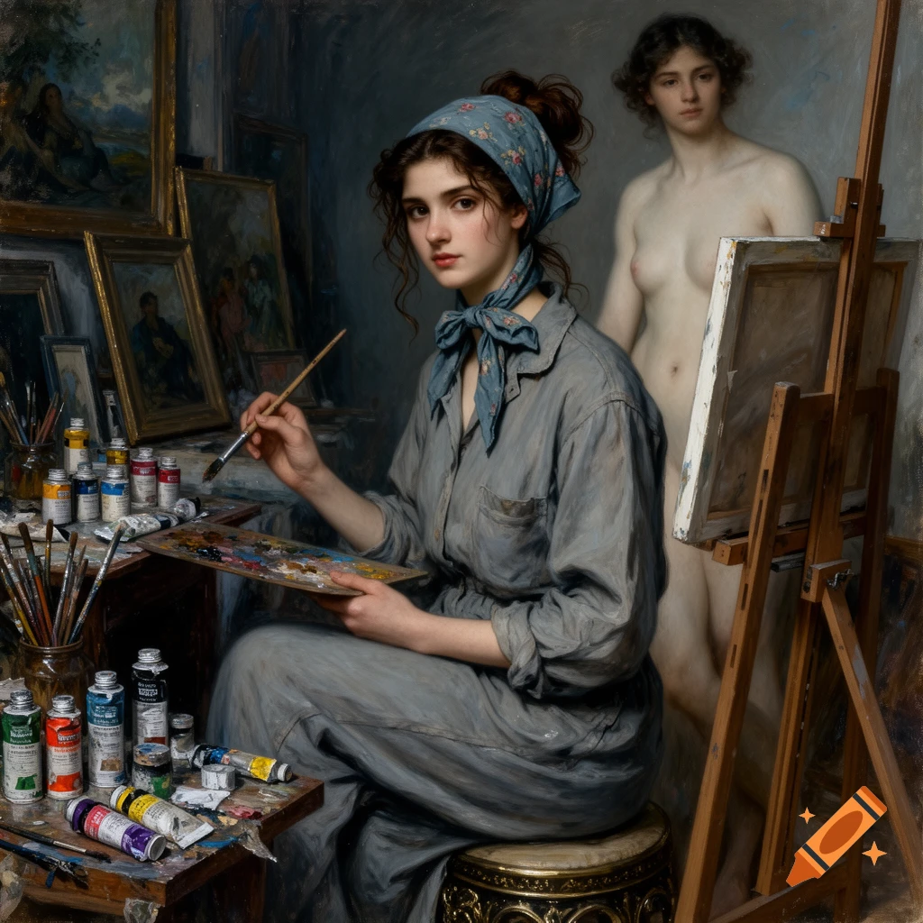 A young woman artist with a headscarf paints in a studio, looking at the viewer. A nude model stands behind her next to an easel. Oil painting in classical style.