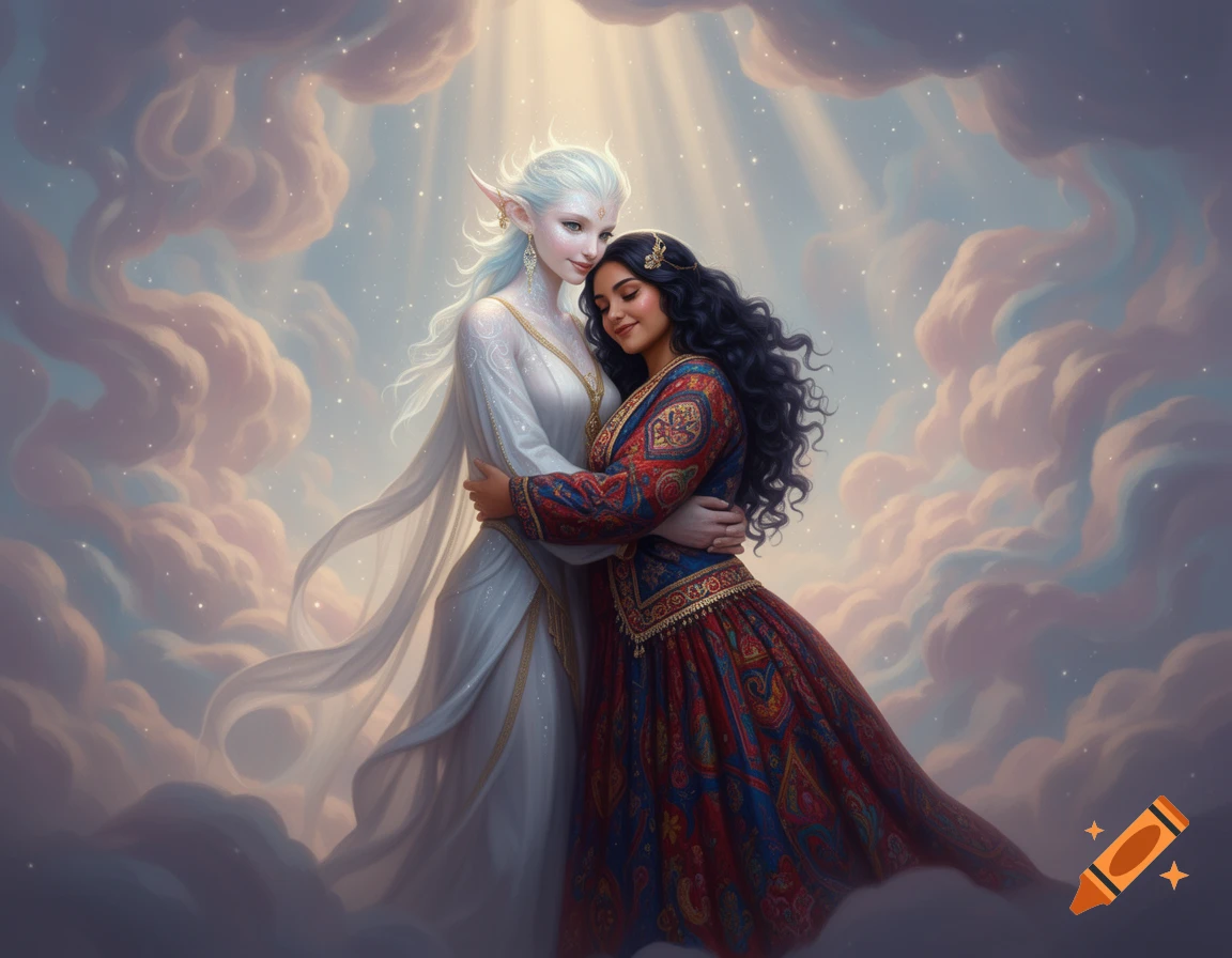 An elf-like woman in white and a dark-haired woman in a patterned dress embrace amidst ethereal clouds with light rays, digital painting.