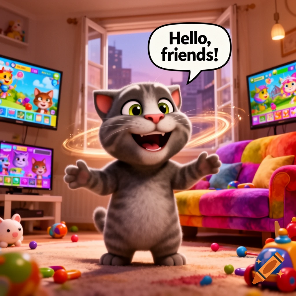 Talking Tom, a gray cartoon cat, happily waves in a vibrant, toy-filled room, with 'Hello, friends!' in a speech bubble.
