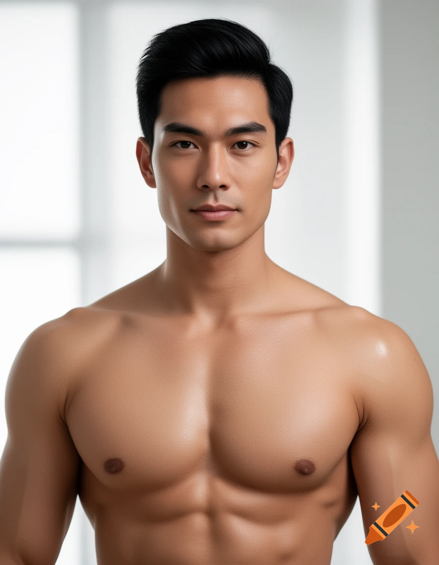 A photorealistic portrait of a shirtless, muscular young man with black hair and a serious expression looking straight ahead.