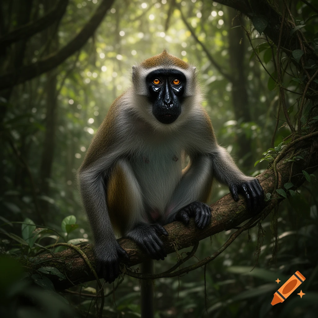 A black-faced monkey with intense orange eyes sits on a mossy branch in a dense, light-dappled jungle.