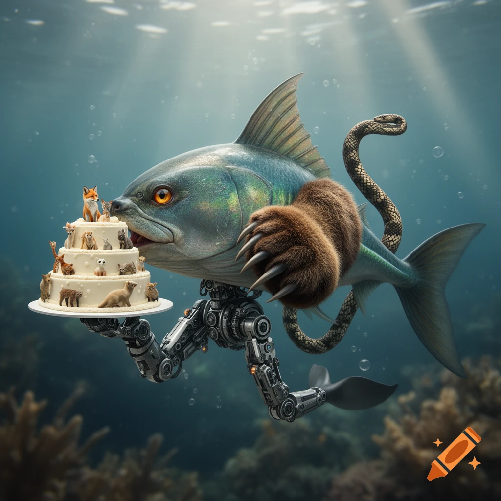 A fantastical fish creature with bear paws, robot legs, and a snake's tail floats underwater, holding a tiered cake topped with tiny animal figurines.