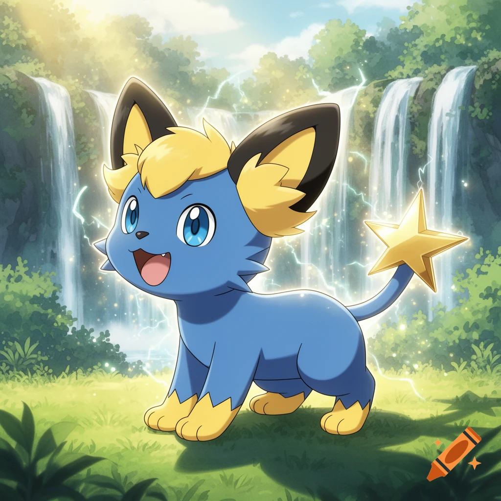 A blue and yellow Shinx Pokémon stands in a grassy field with waterfalls and sparkling lightning under a sunny sky.