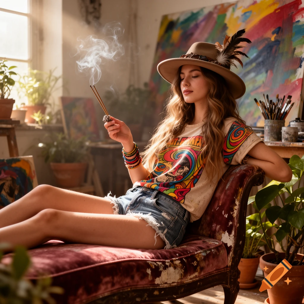 A bohemian woman with a hat and colorful t-shirt sits in an art studio, holding burning incense sticks.