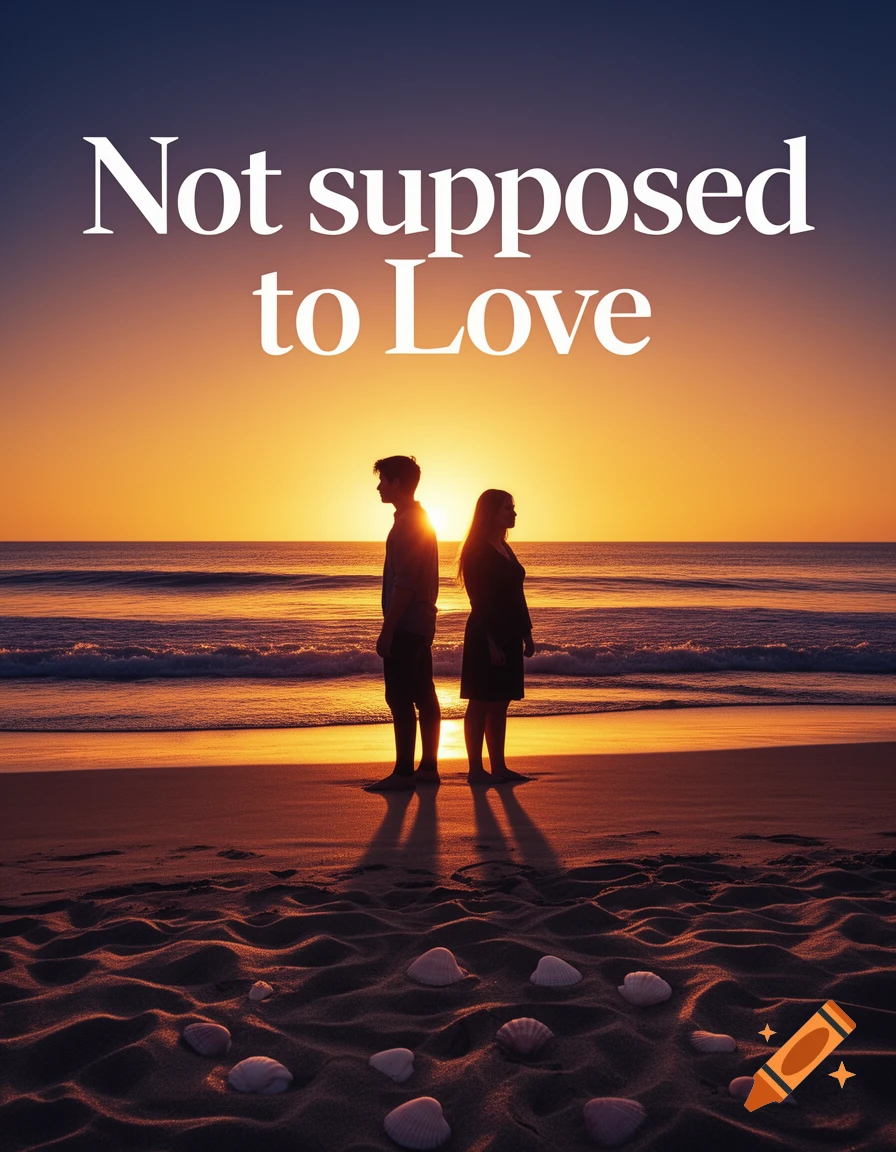 A couple stands on a beach at sunset, looking away from each other, with the title 'Not supposed to Love' above them.