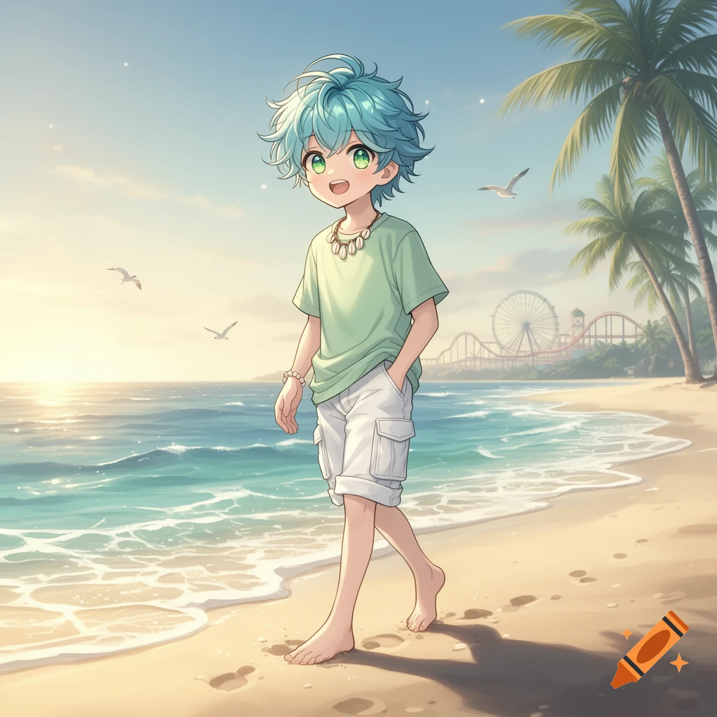 Anime boy with blue hair and green eyes walks barefoot on a sunny beach, with palm trees and an amusement park in the background.