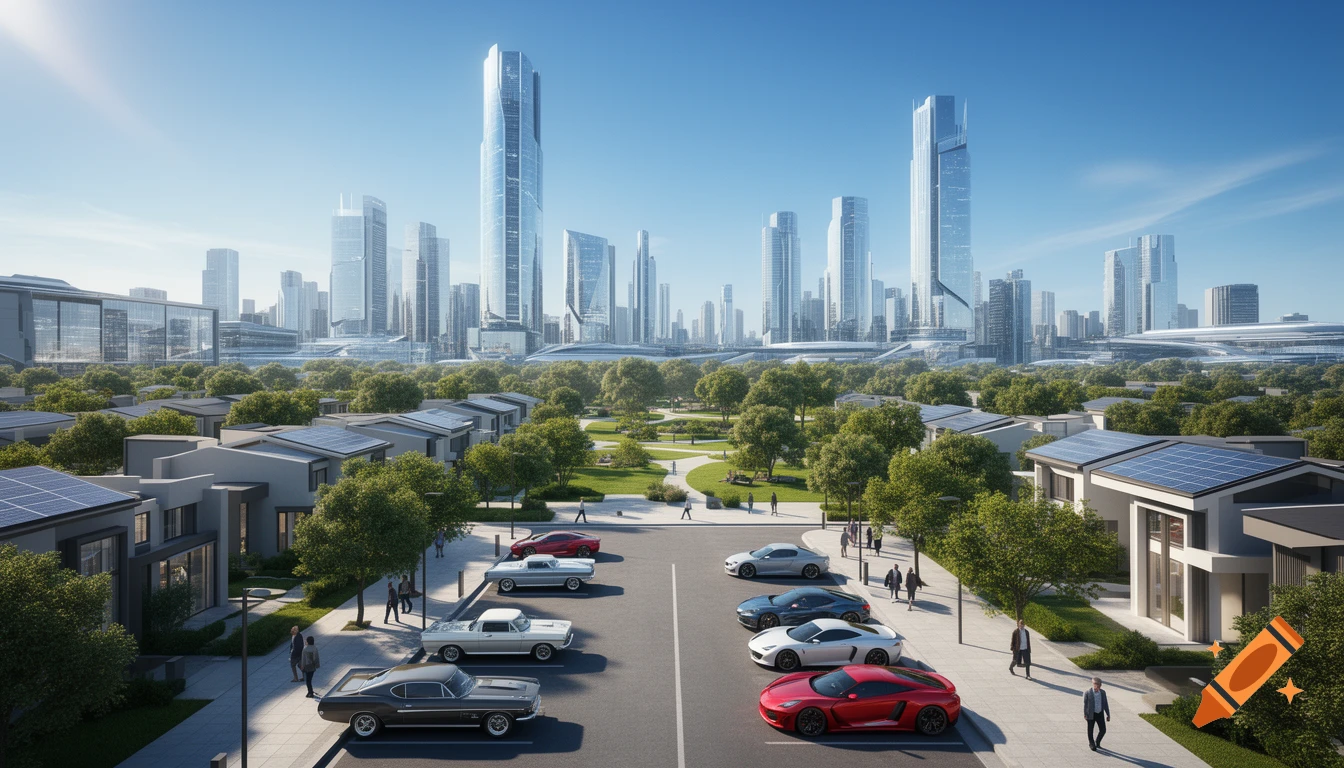 A photorealistic futuristic city scene with modern houses, solar panels, luxury cars, and skyscrapers against a clear blue sky.