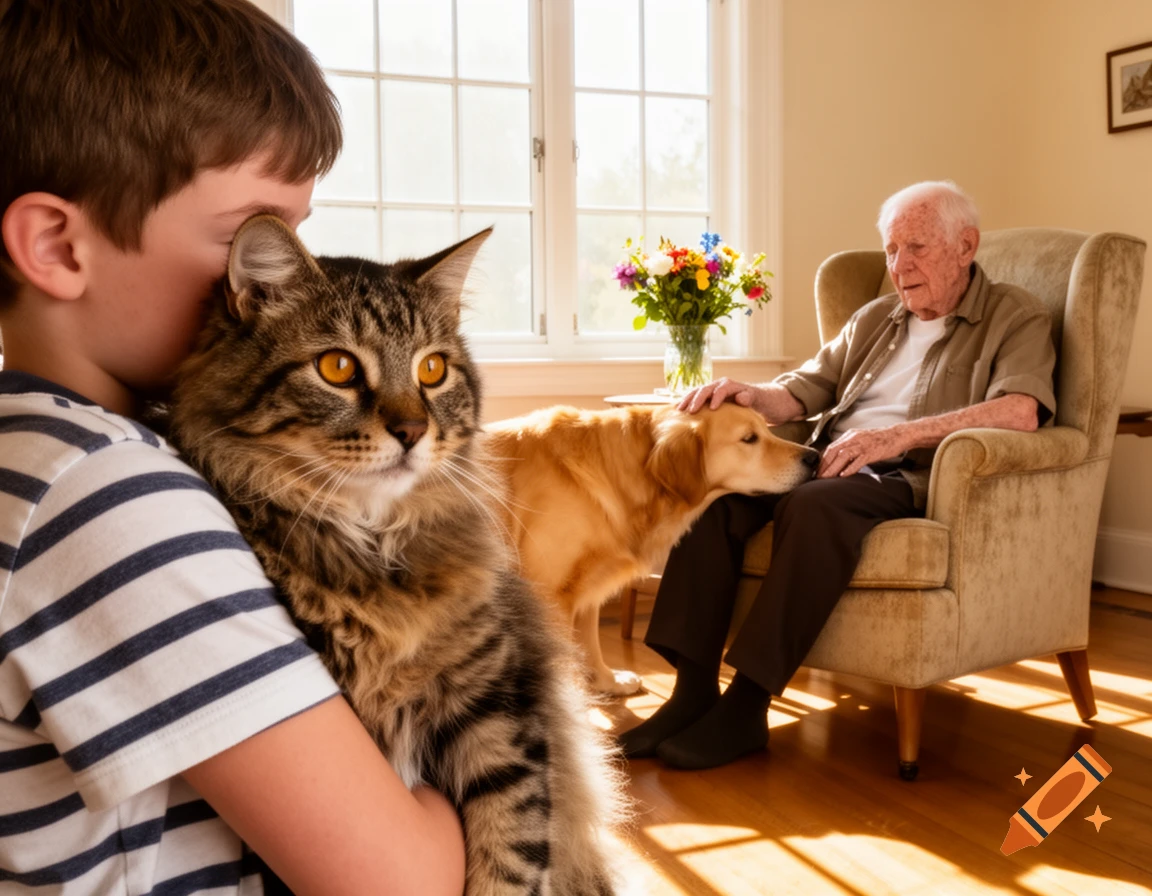 A young boy holds a tabby cat, while an elderly man pets a golden retriever in a sunlit living room.