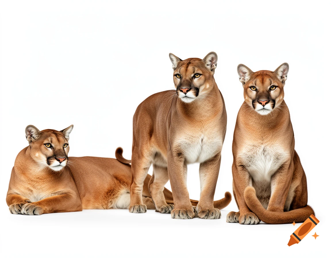 Three photorealistic pumas, one lying, one standing, and one sitting, on a white background.