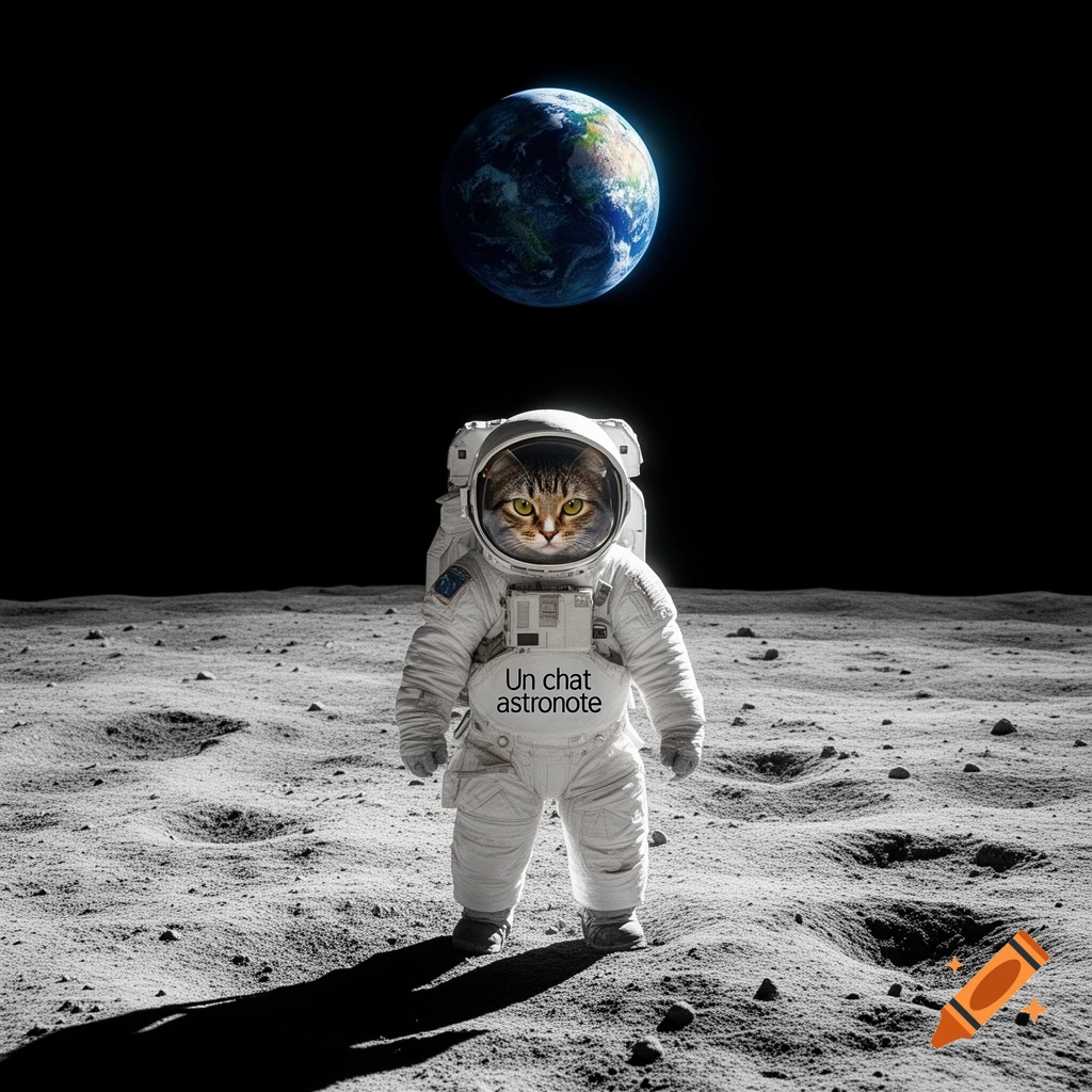 A tabby cat in an astronaut suit stands on the moon's surface, with Earth visible above in the black sky.