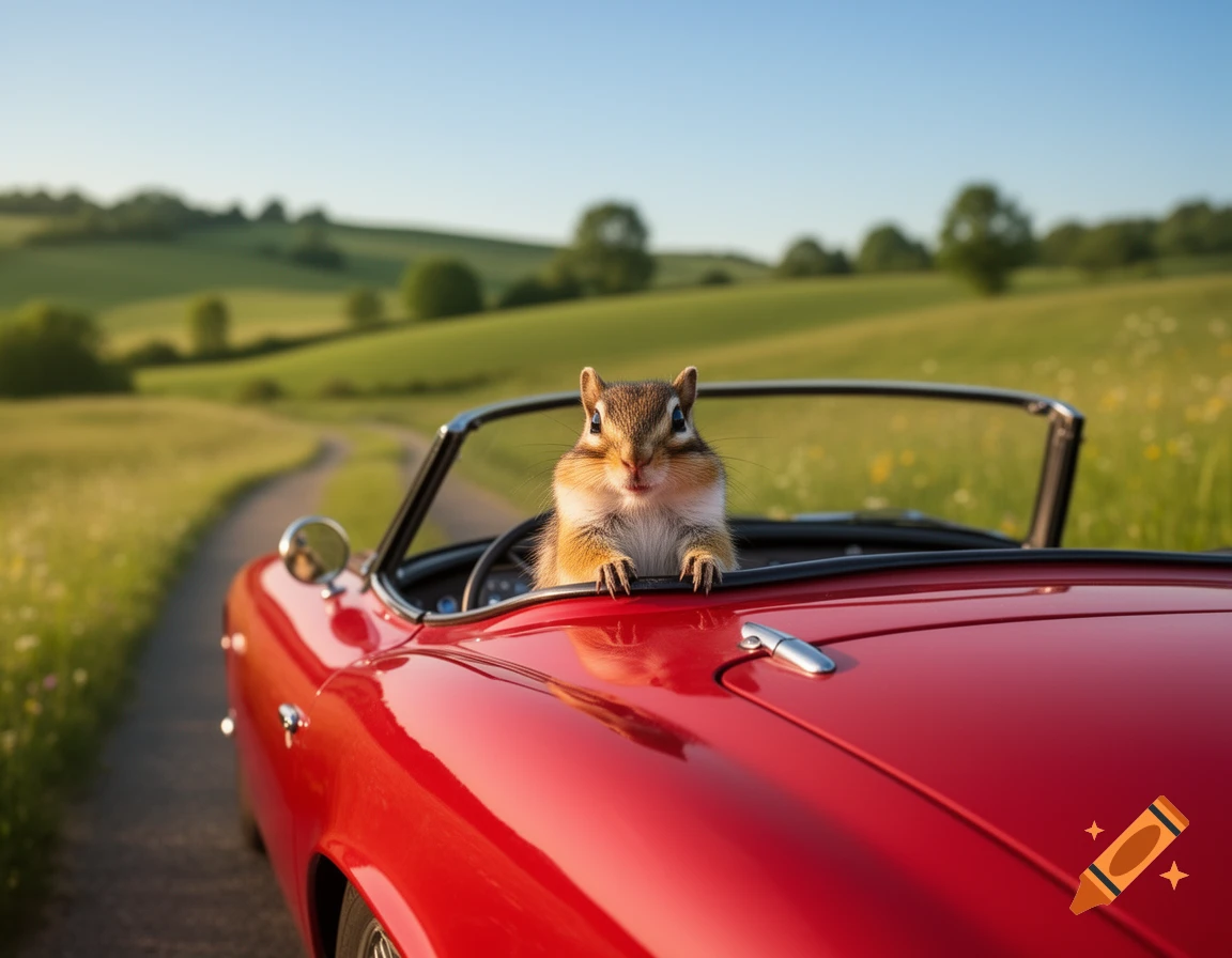 A photorealistic image of a chipmunk driving a red convertible car on a country road through green hills.