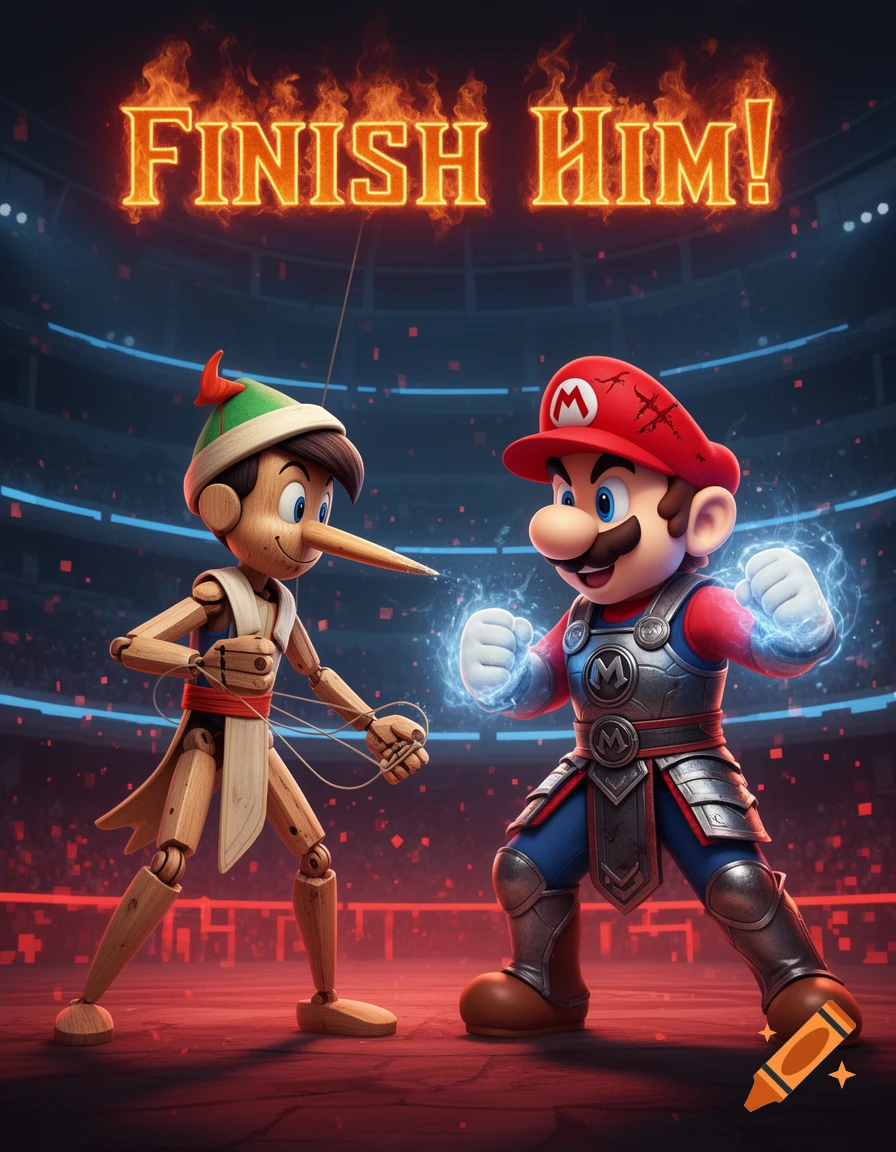 Pinocchio faces armored, glowing Mario in a fighting arena with "FINISH HIM!" text above, in a stylized, modern rendering.