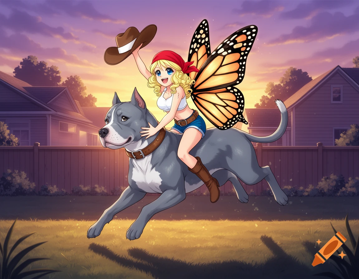 An anime fairy with blonde hair and monarch wings, wearing a crop top and shorts, rides a silvery-blue dog bucking like a bronco at sunset.