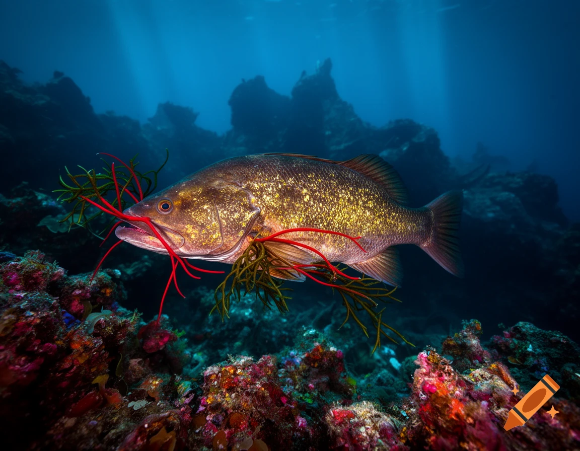 A golden-scaled fish with prominent red tentacle-like whiskers and green seaweed strands swims above vibrant coral in a deep blue ocean.