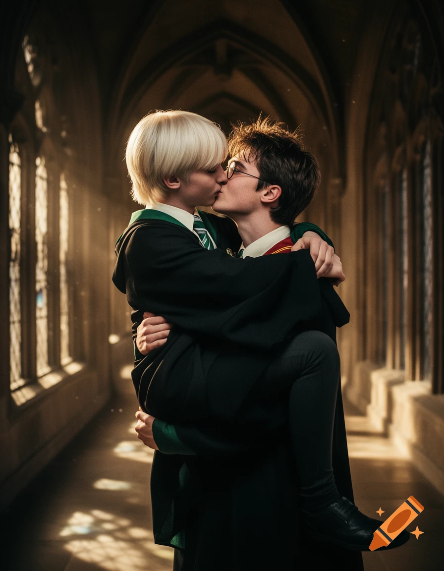Photorealistic image of Draco Malfoy carrying Harry Potter and kissing in a Hogwarts-like castle corridor.
