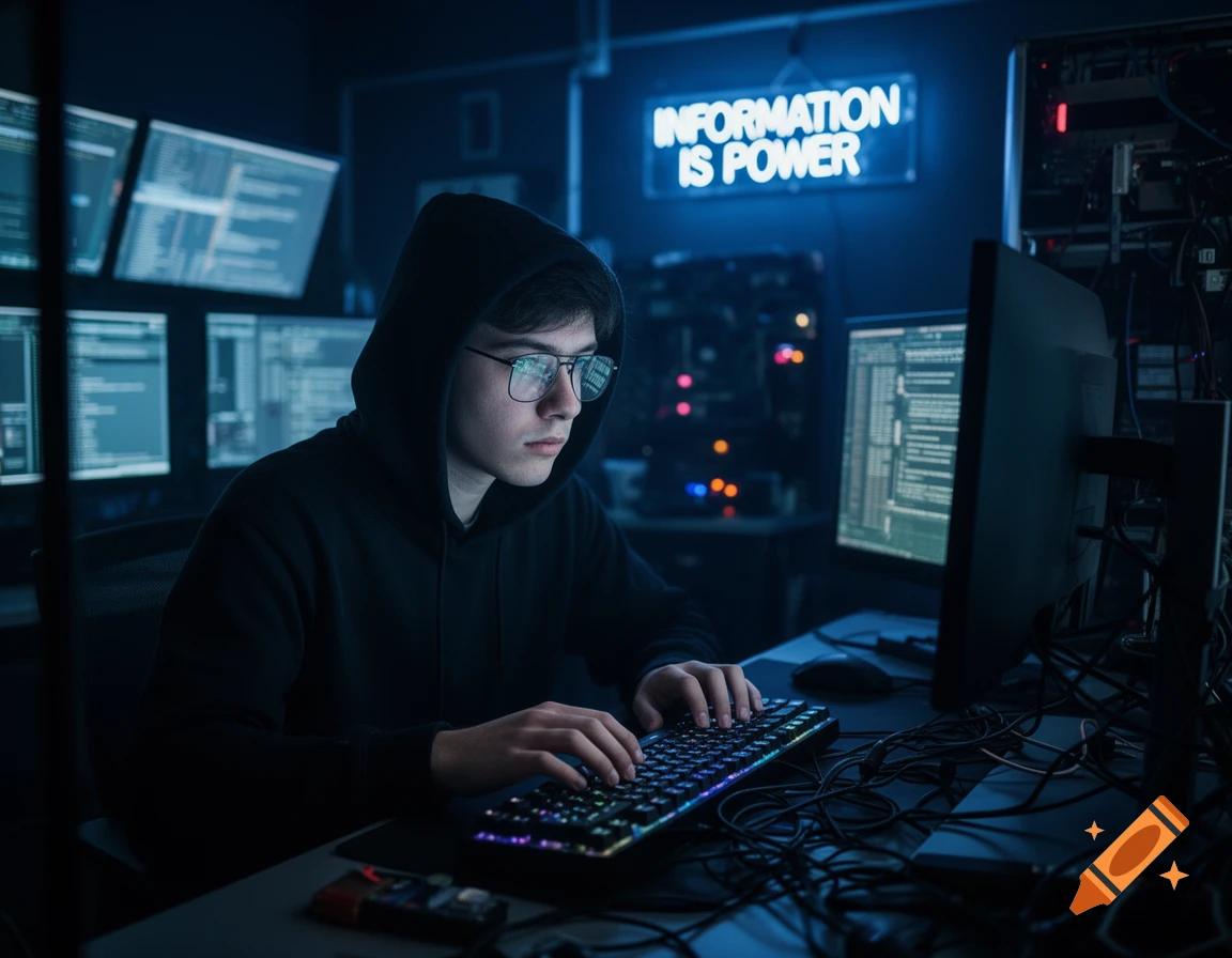 Young person in hoodie and glasses typing on a keyboard in a dark, blue-lit room with computer screens and 'INFORMATION IS POWER' neon sign.