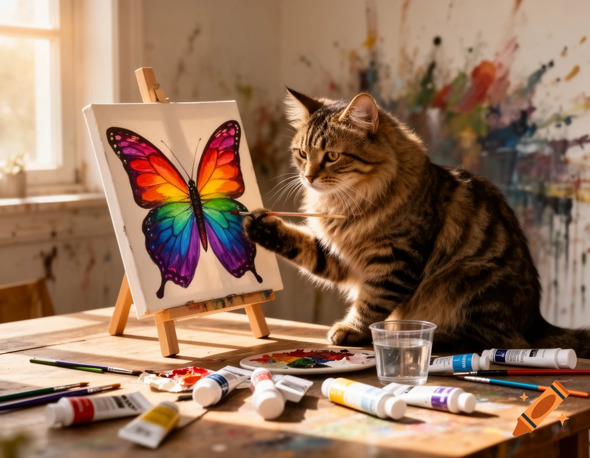 A tabby cat painting a vibrant rainbow butterfly on an easel with various paint supplies on a wooden table.
