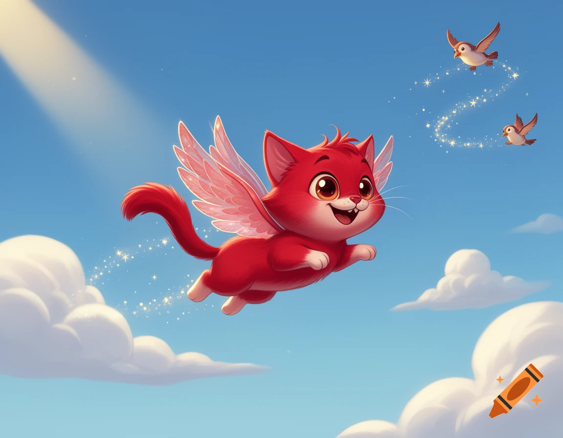 A cute red cartoon cat with wings flies through a blue sky with white clouds and two small birds.