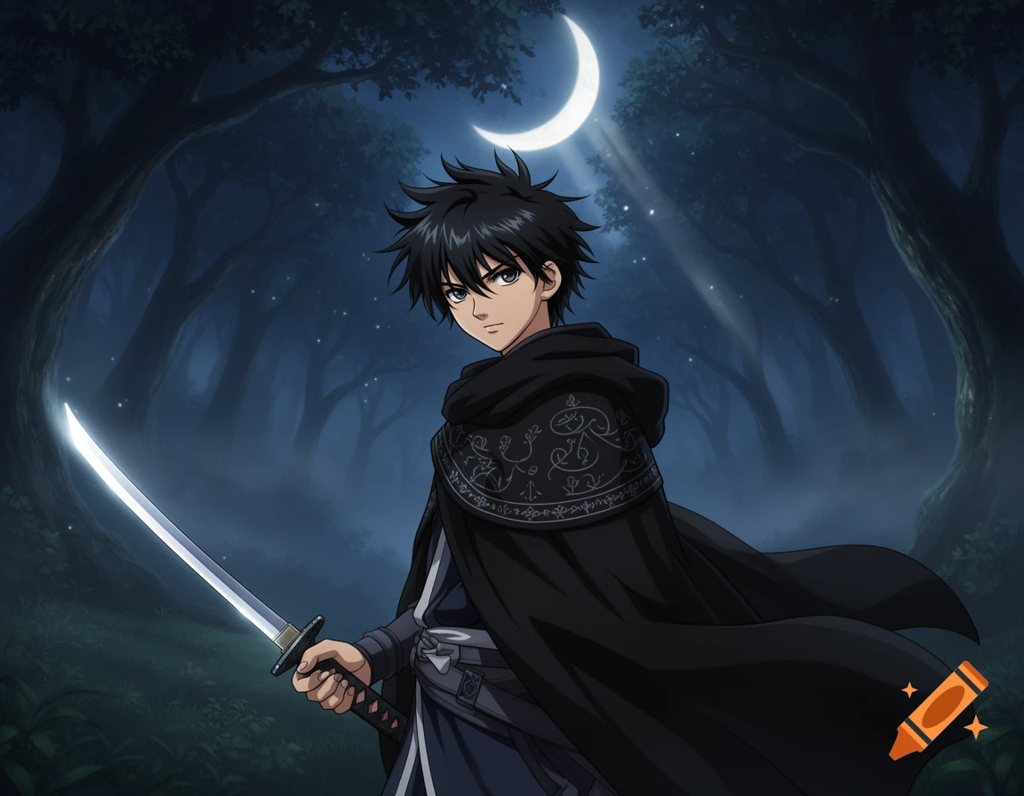 Anime guy with black hair in a black cloak holding a sword in a dark forest under a crescent moon.
