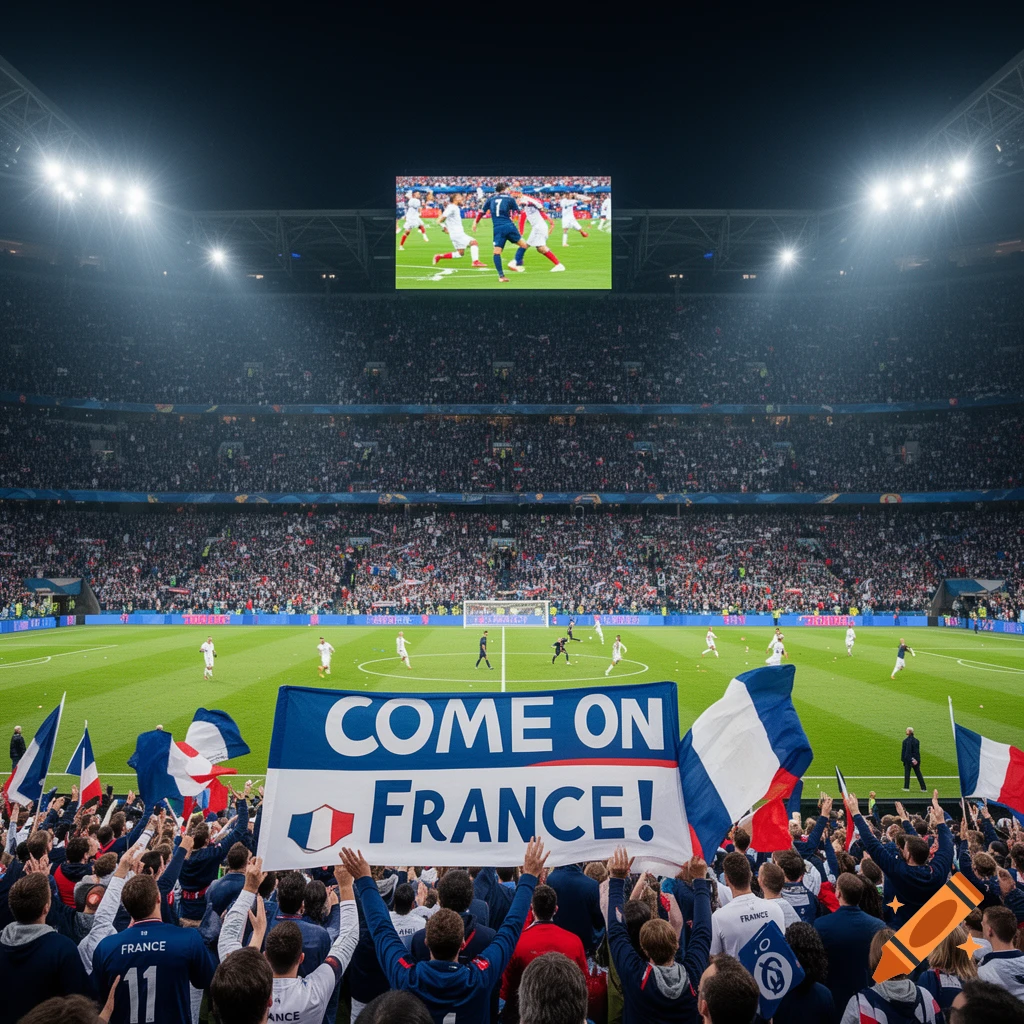 A packed football stadium with fans cheering, holding a large banner that reads "COME ON FRANCE!" during a match.