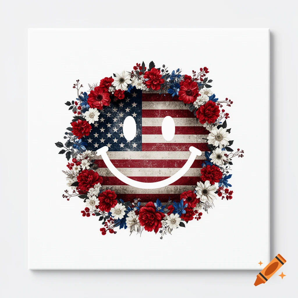A distressed American flag smiley face surrounded by a wreath of red, white, and blue flowers on a white background.