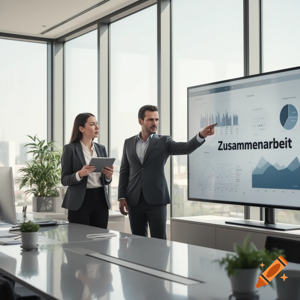 Two business professionals present in a modern office, a man points at a screen displaying charts and the word 'Zusammenarbeit' while a woman holds a tablet.