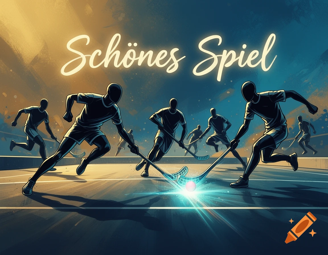 Stylized illustration of floorball players with sticks on a court around a glowing puck. Text 'Schönes Spiel' above.