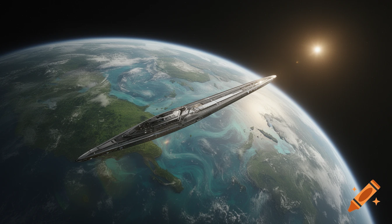 A long, sleek spacecraft floats above a green and blue planet, with a bright star visible in the dark background of space.