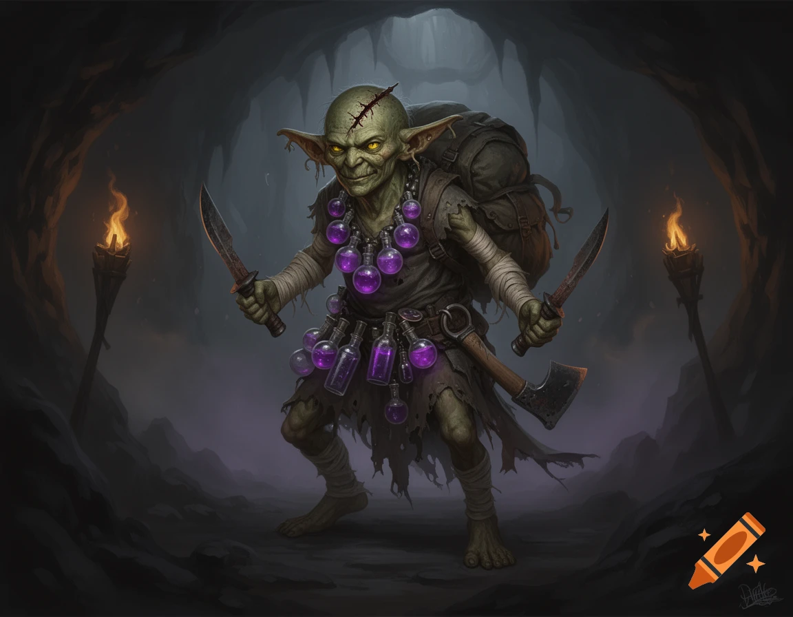 A skinny, green-skinned goblin with yellow eyes, ripped ears, and a large scar. It wears tattered clothes, bandages, and a large backpack, holding two rusty daggers and an axe, with glowing purple potion bottles on its neck and belt, standing in a dark cave with torches.