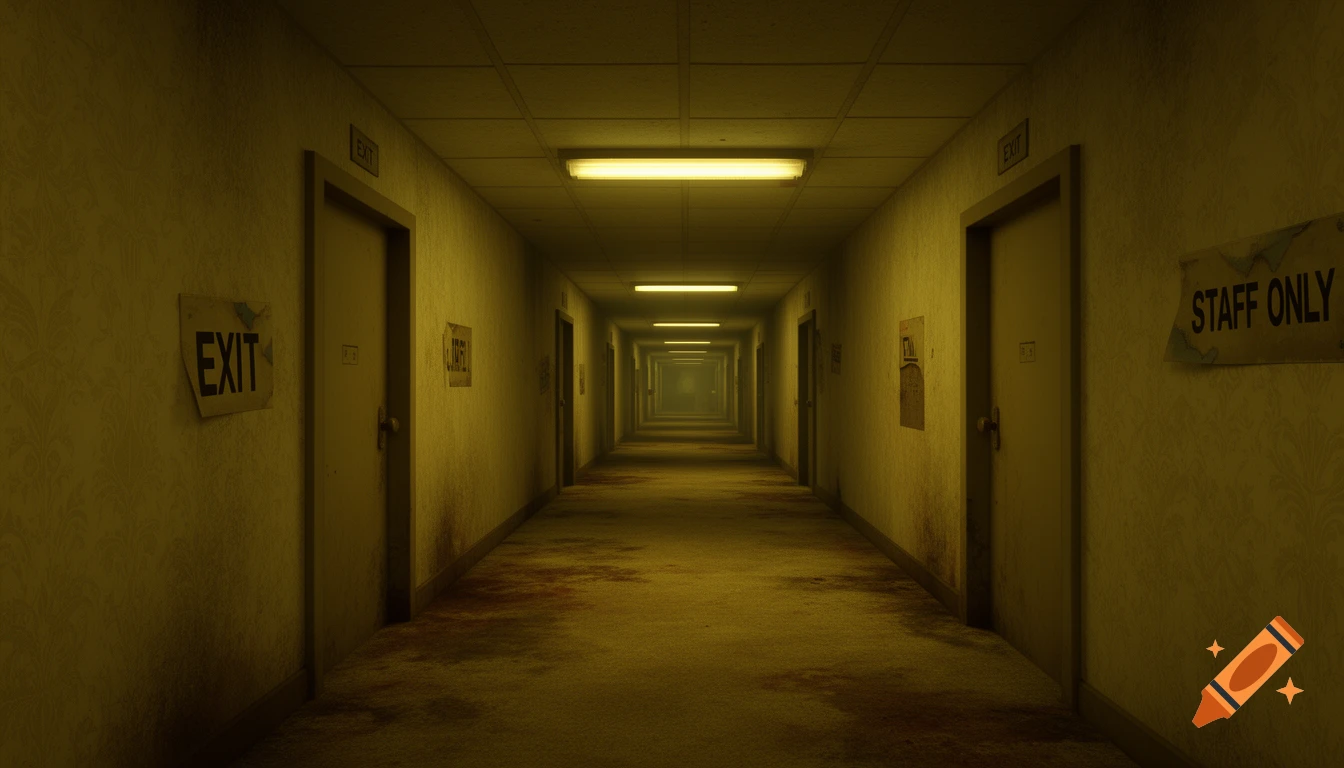 A long, dimly lit, yellow-hued corridor with multiple doors, fluorescent lights, and dark stains on the floor, evoking a creepy, endless space.