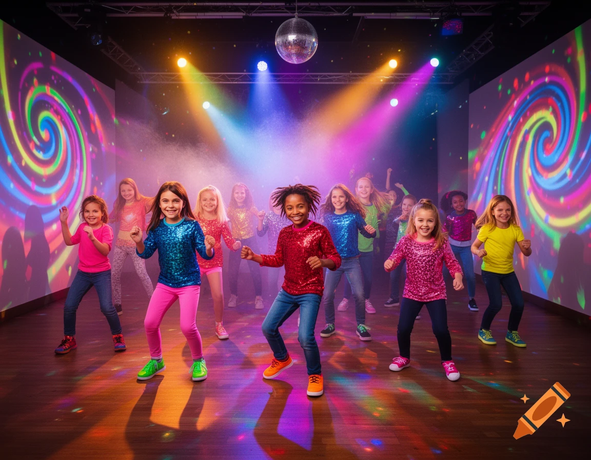 A diverse group of happy children dance at a disco with a mirror ball and colorful light patterns.