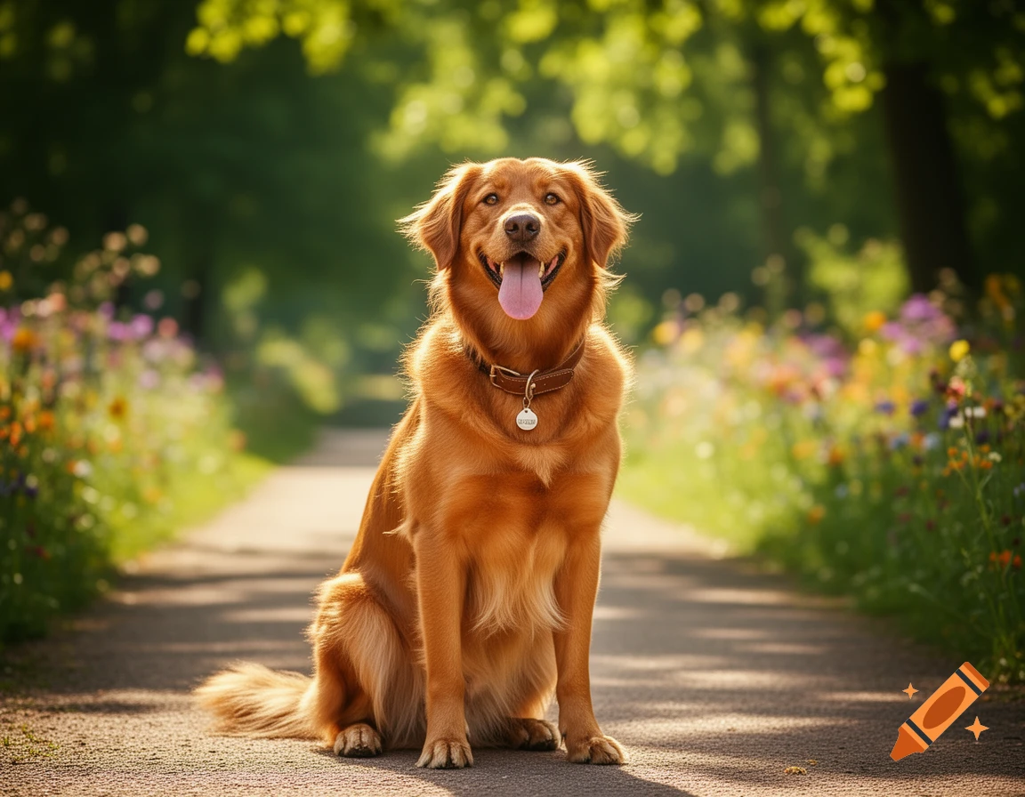 A happy golden retriever sits on a sunny path bordered by colorful wildflowers and lush green trees.
