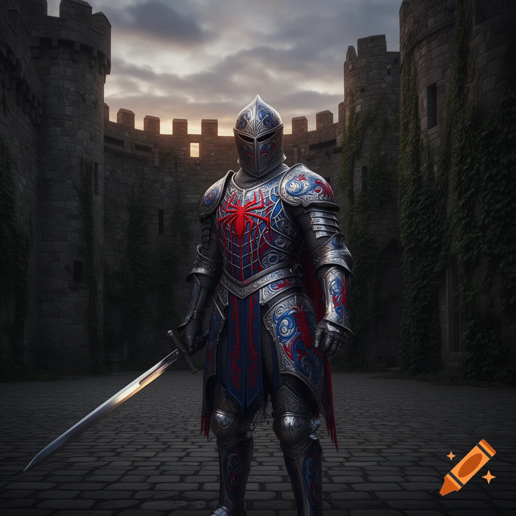 A knight in ornate red and blue Spider-Man inspired armor holding a sword, standing in a castle courtyard at dusk.
