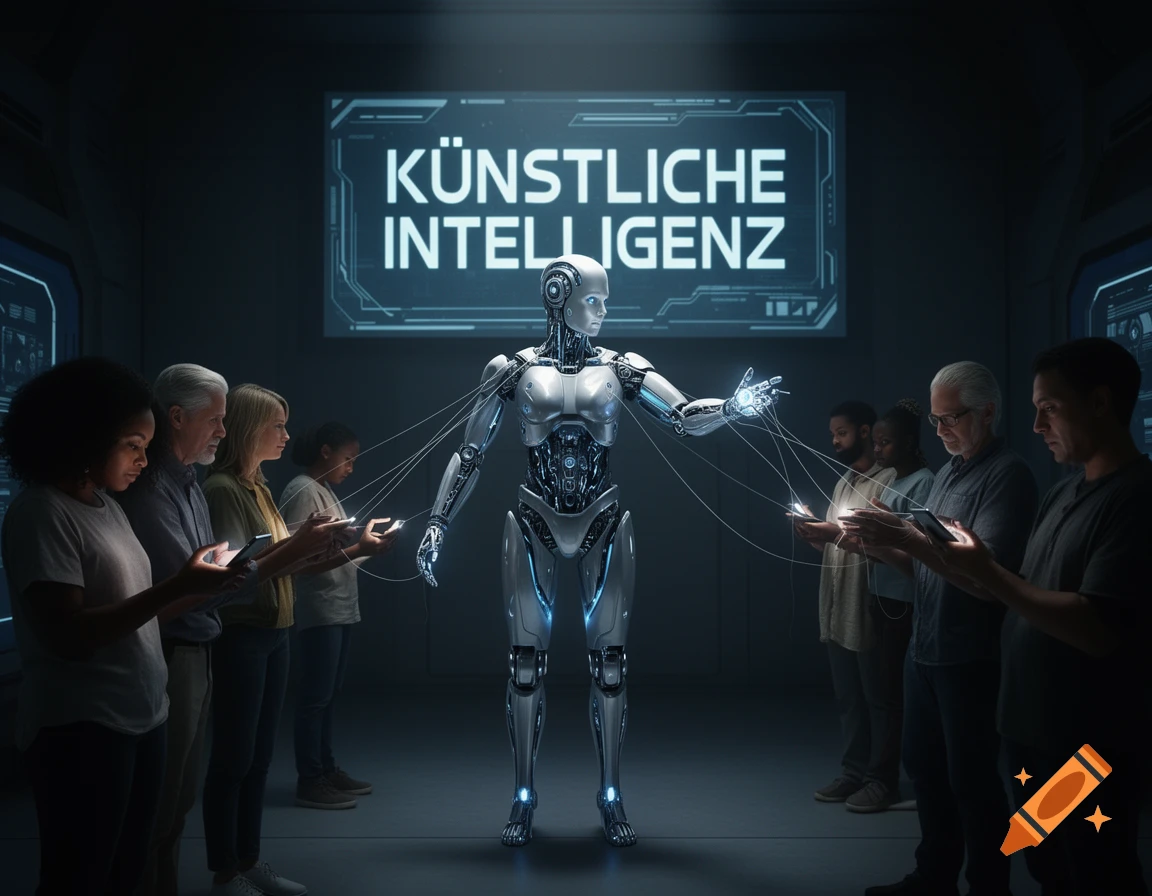 A robot with glowing strings controls several people staring at their phones in a dark, futuristic room with a 'K NSTLICHE INTELLIGENZ' screen.