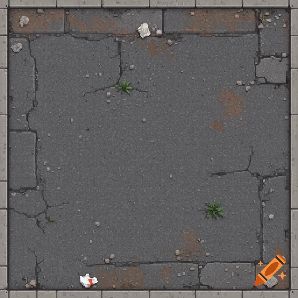 Pixel art top-down view of a city ground asset with cracked pavement, weeds, and debris.