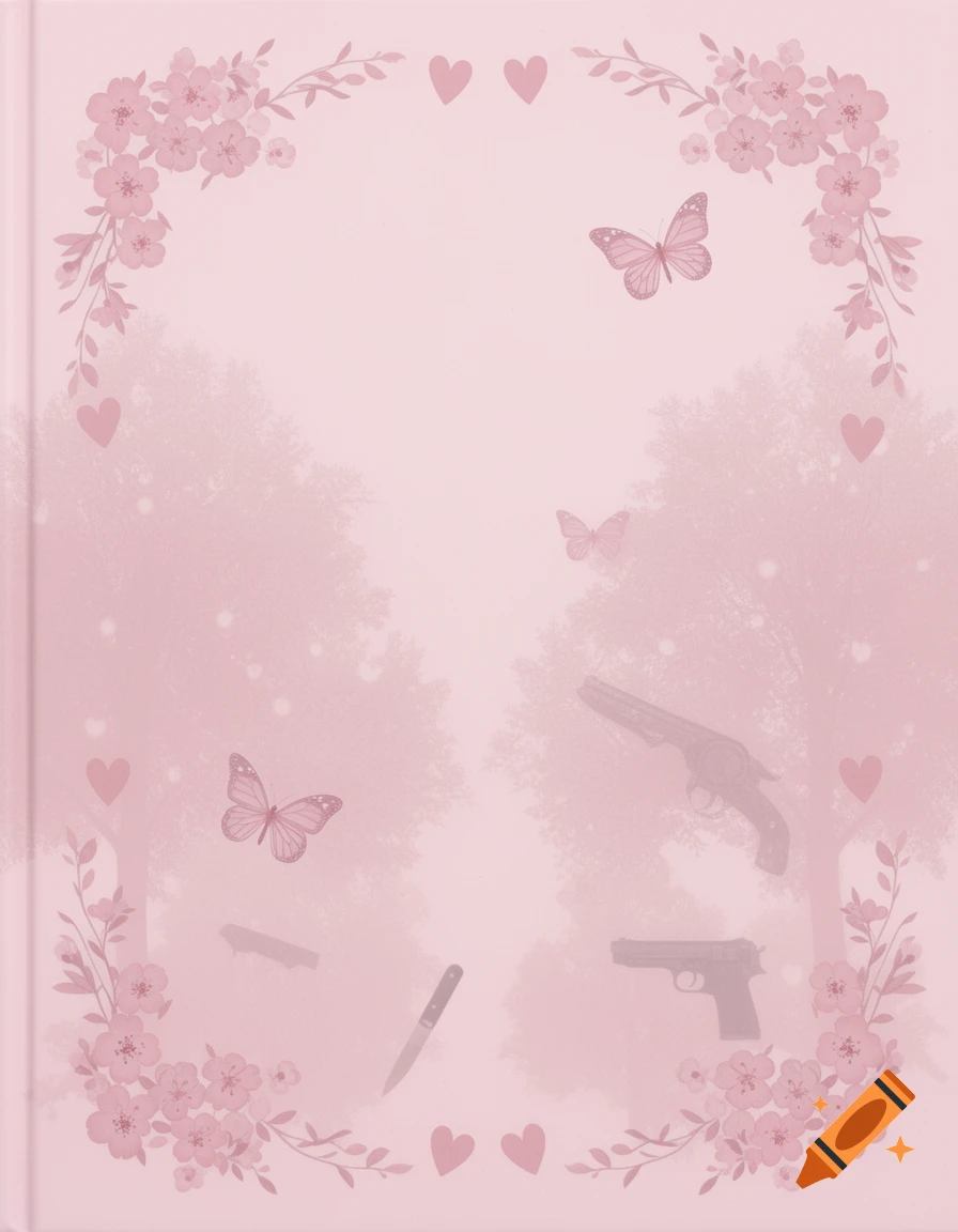 A soft pink book cover design with floral borders, hearts, and butterflies. Translucent guns and a knife are subtly blended into the background among faint trees.