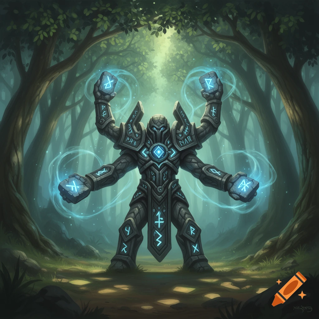 A stone rune guardian with four arms, glowing blue runic symbols on its body and held blocks, stands in a magical forest.