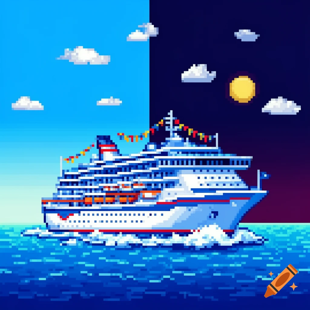 A pixel art cruise ship on the ocean, split vertically with a blue sky on the left and a dark night sky with a moon on the right.