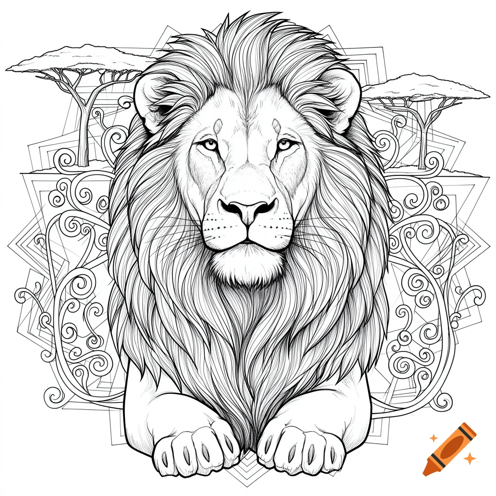 A black and white line art illustration of a majestic lion with a flowing mane, sitting centrally, against a stylized mandala background with two acacia trees.